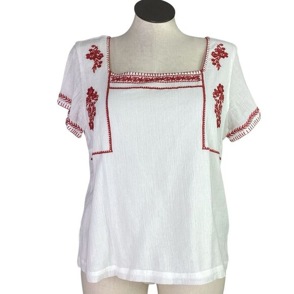 Garnet Hill Tops - Garnet Hill Top Women 16 White Red Floral Embroidered Square Neck Boho Blouse